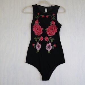 Haute Monde Mesh Bodysuit Women's Small Black Floral Embroidered Rave Artsy Sexy
